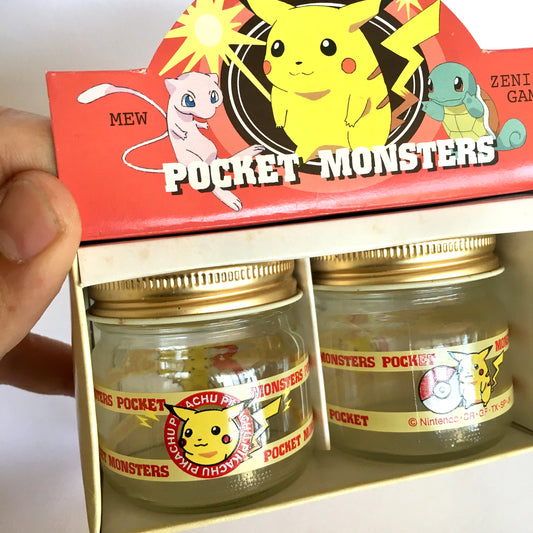 Vintage 1990s Pokemon Pikachu Glass Jar Pair Set w/Box Unused 2.2" 5.5cm
