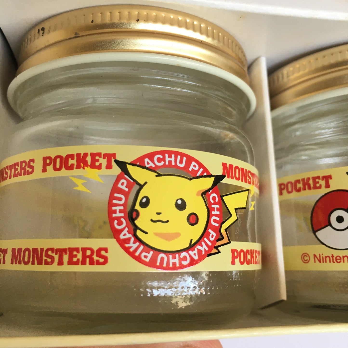 Vintage 1990s Pokemon Pikachu Glass Jar Pair Set w/Box Unused 2.2" 5.5cm