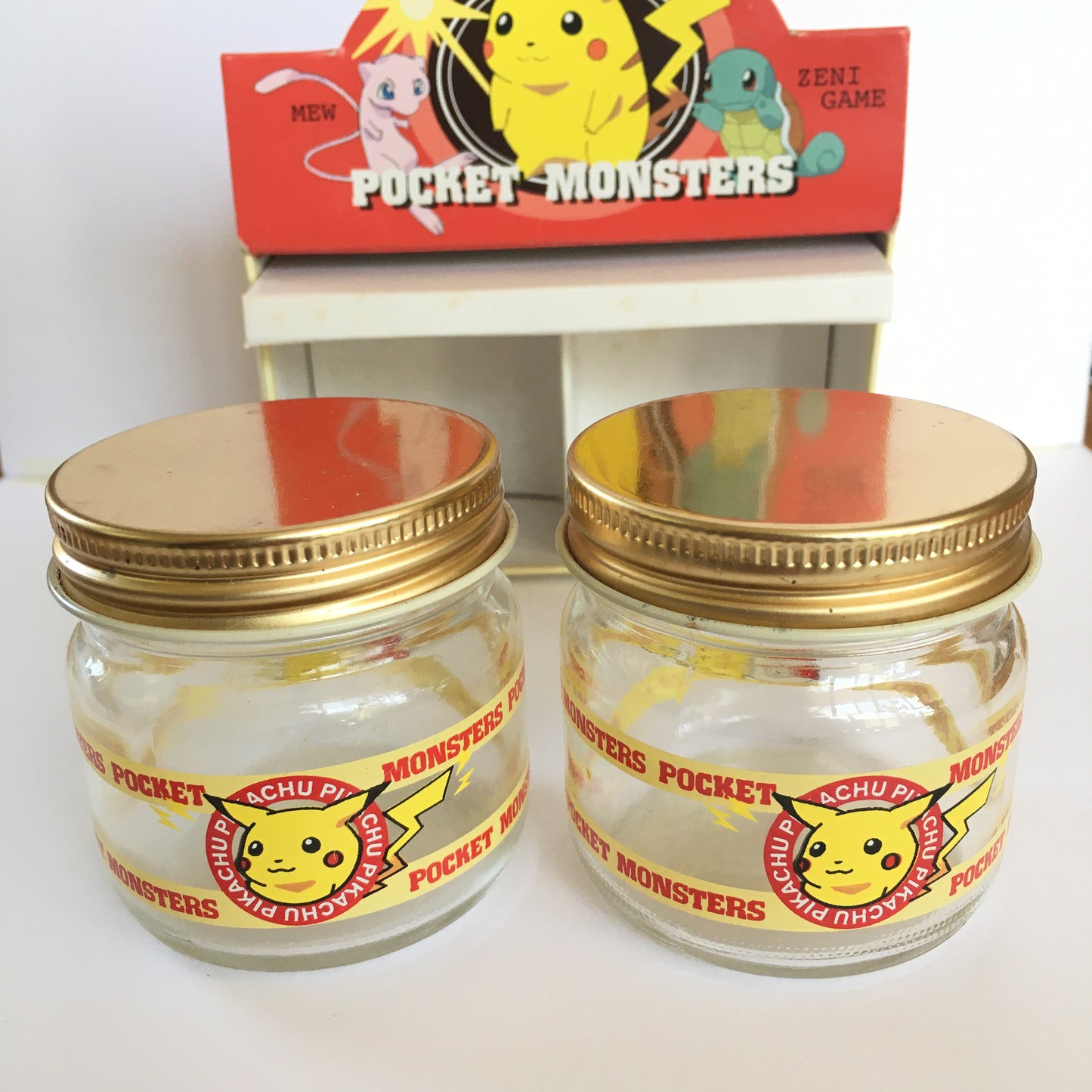 Vintage 1990s Pokemon Pikachu Glass Jar Pair Set w/Box Unused 2.2" 5.5cm