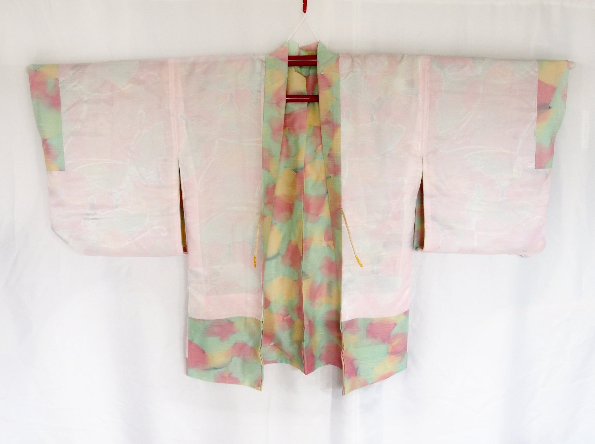 Vintage Japanese kimono coat - pastel mint, pink, and cream haori
