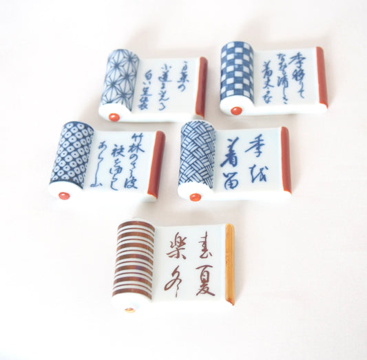 Elegant Japanese hashioki - chopstick rests - poetry scrolls, set of 5