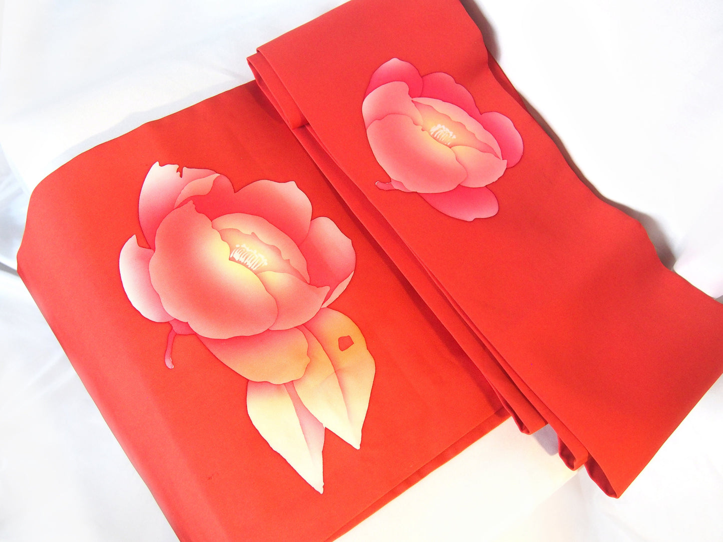 Elegant silk Nagoya obi - red with a painted peony motif