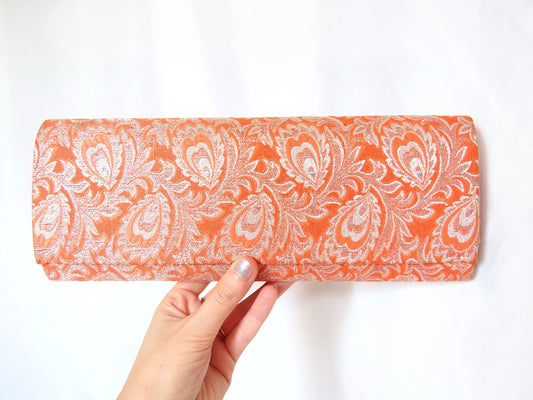Vintage kimono handbag - long orange clutch with silver peacock feathers