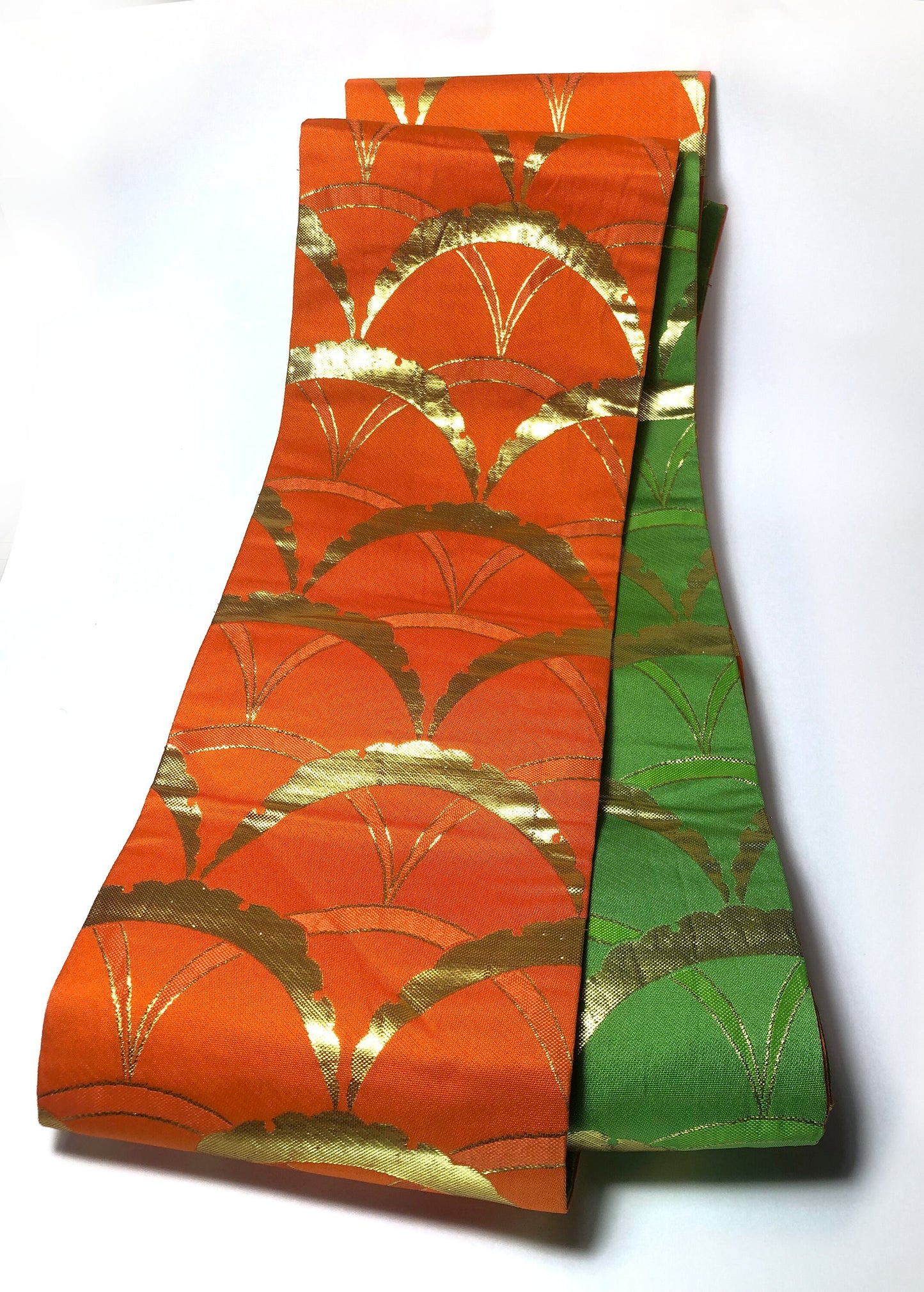 Reversible hanhaba obi - highlighter green and vivid orange with golden half-circles