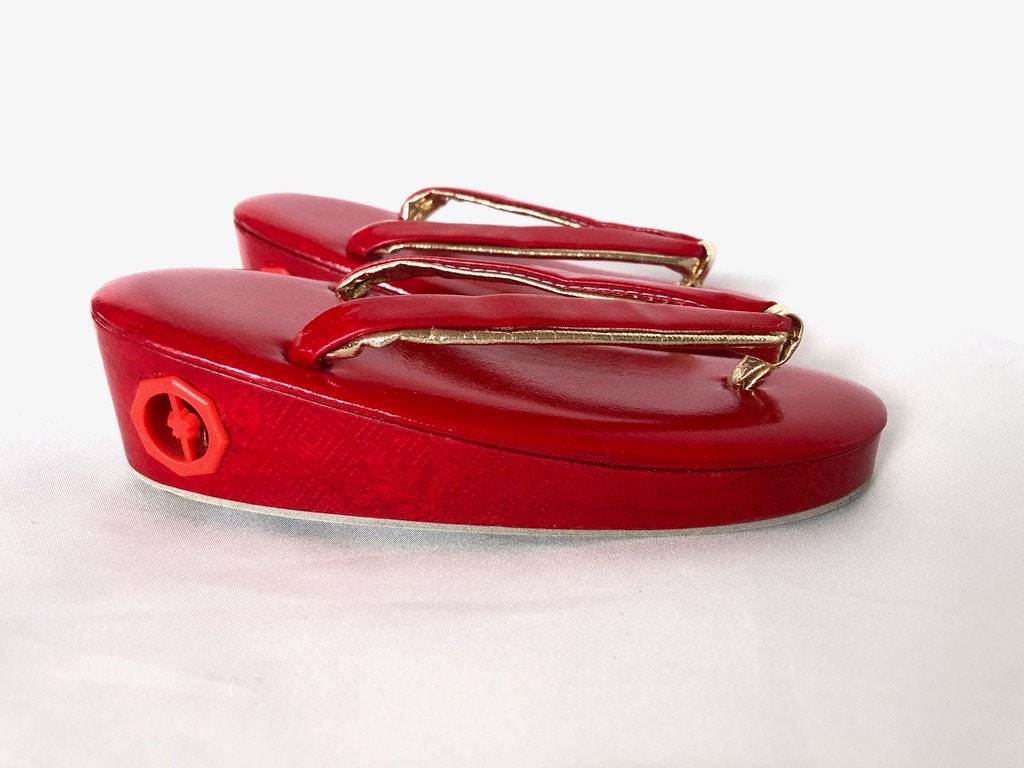 Vintage red zori with bells - traditional Japanese shoes for kids