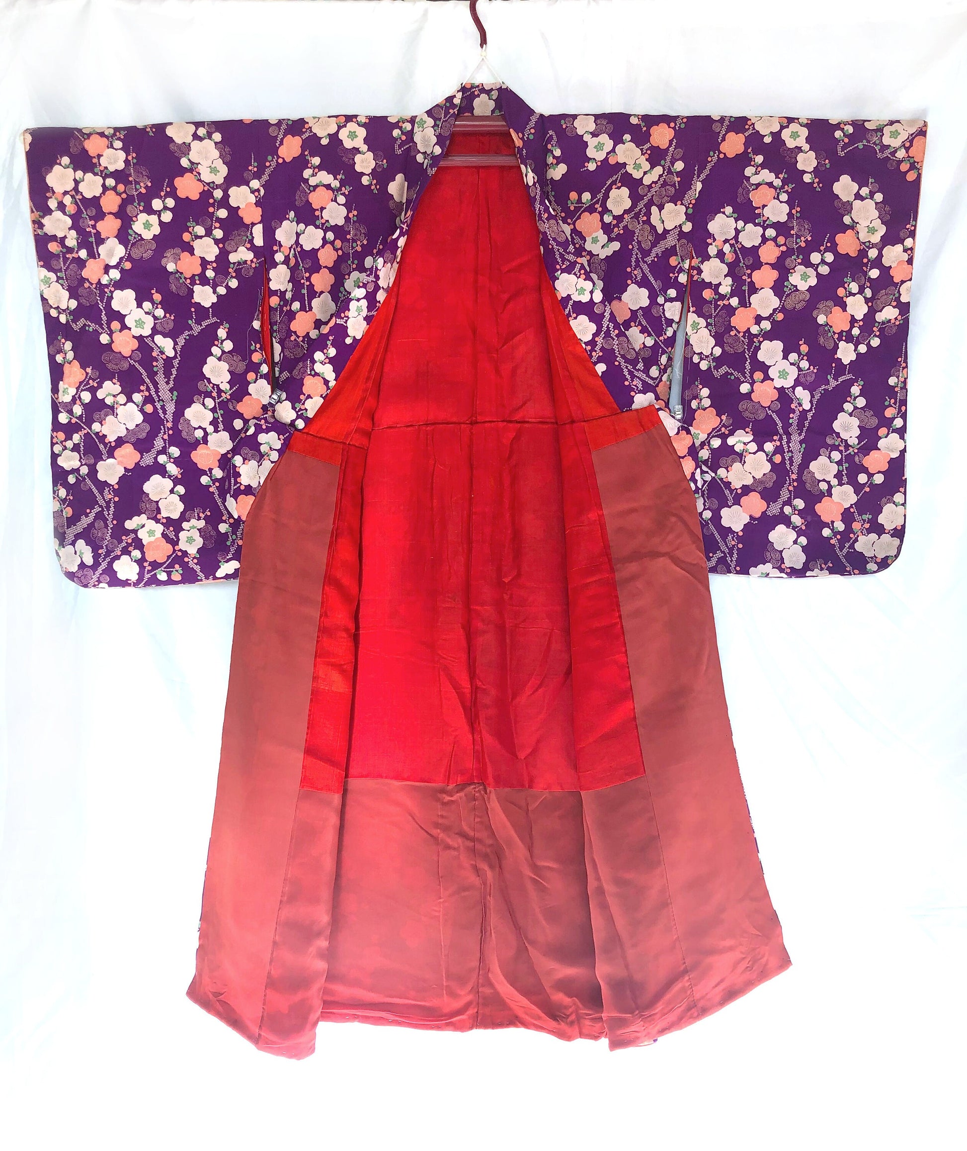 Vintage kimono Taisho Roman style - bright purple with plum tree branches in white and salmon pink