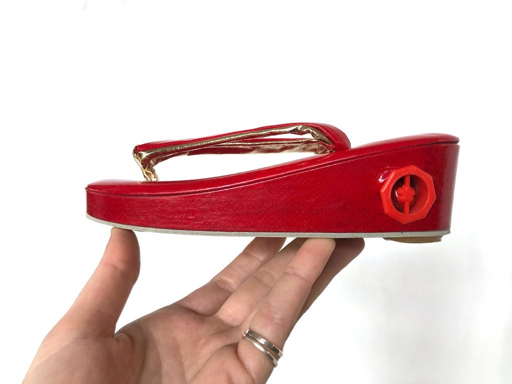 Vintage red zori with bells - traditional Japanese shoes for kids