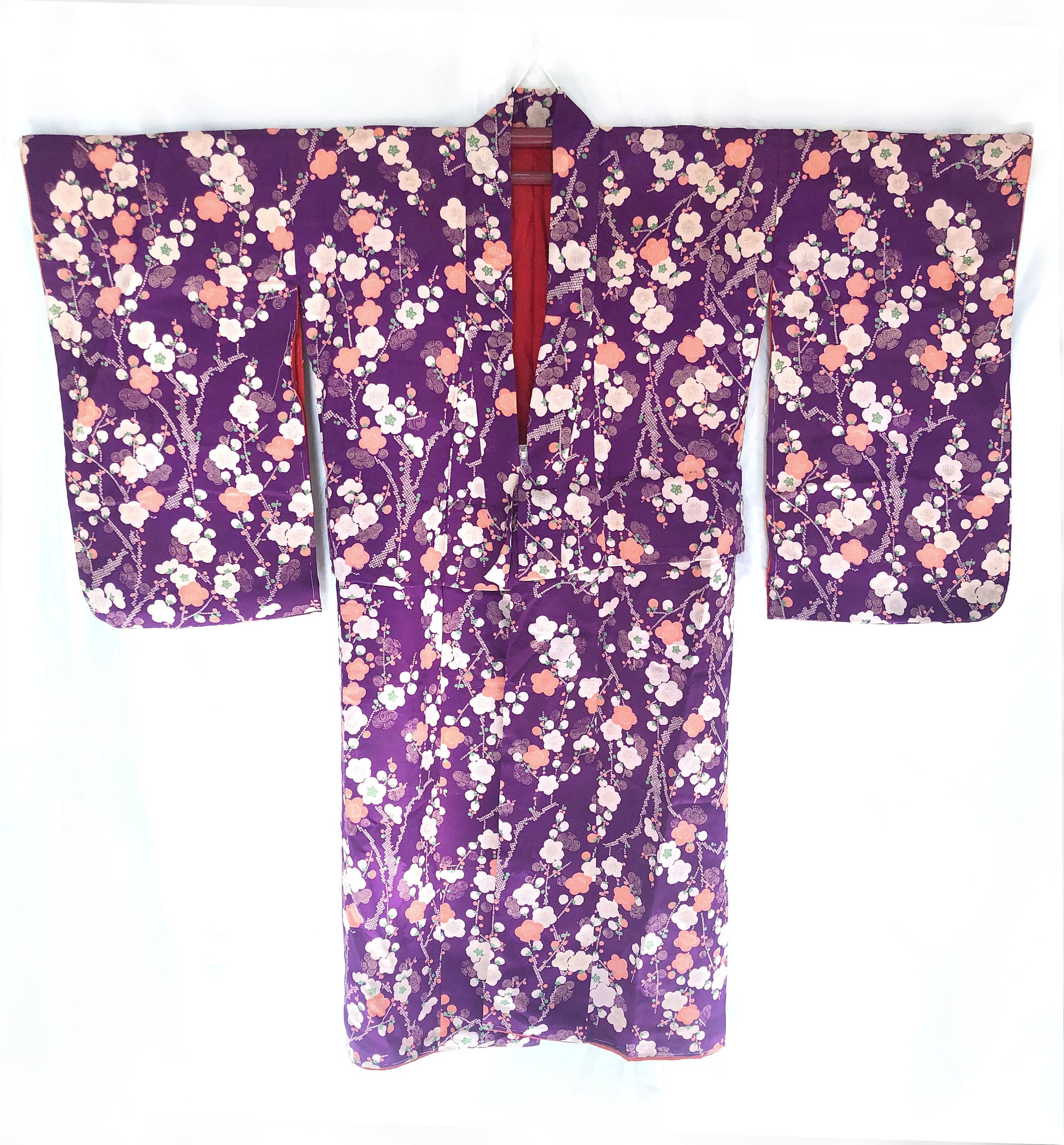 Vintage kimono Taisho Roman style - bright purple with plum tree branches in white and salmon pink