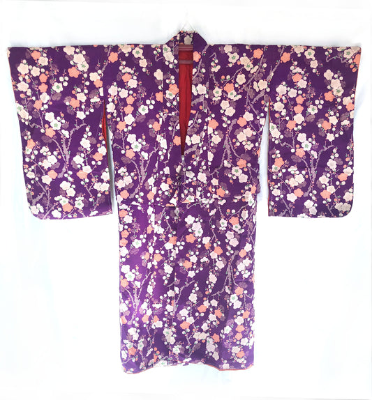 Vintage kimono Taisho Roman style - bright purple with plum tree branches in white and salmon pink