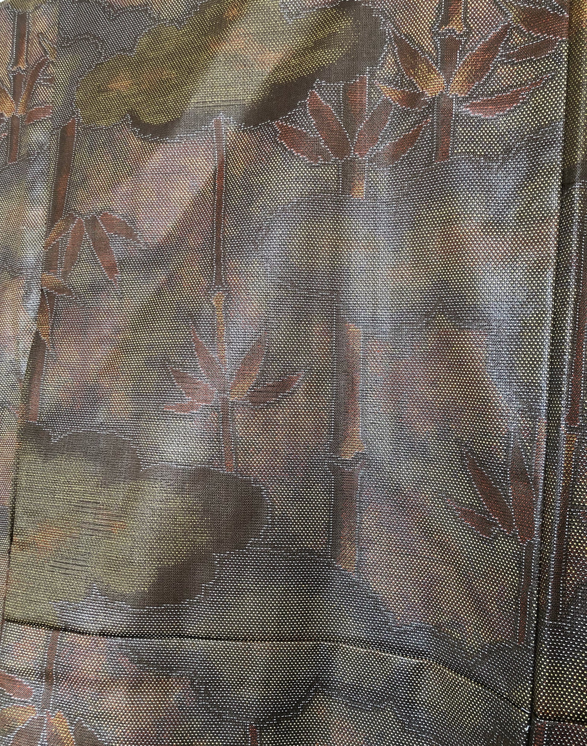 Elegant woven kimono - khaki green and rusty red bamboo forest