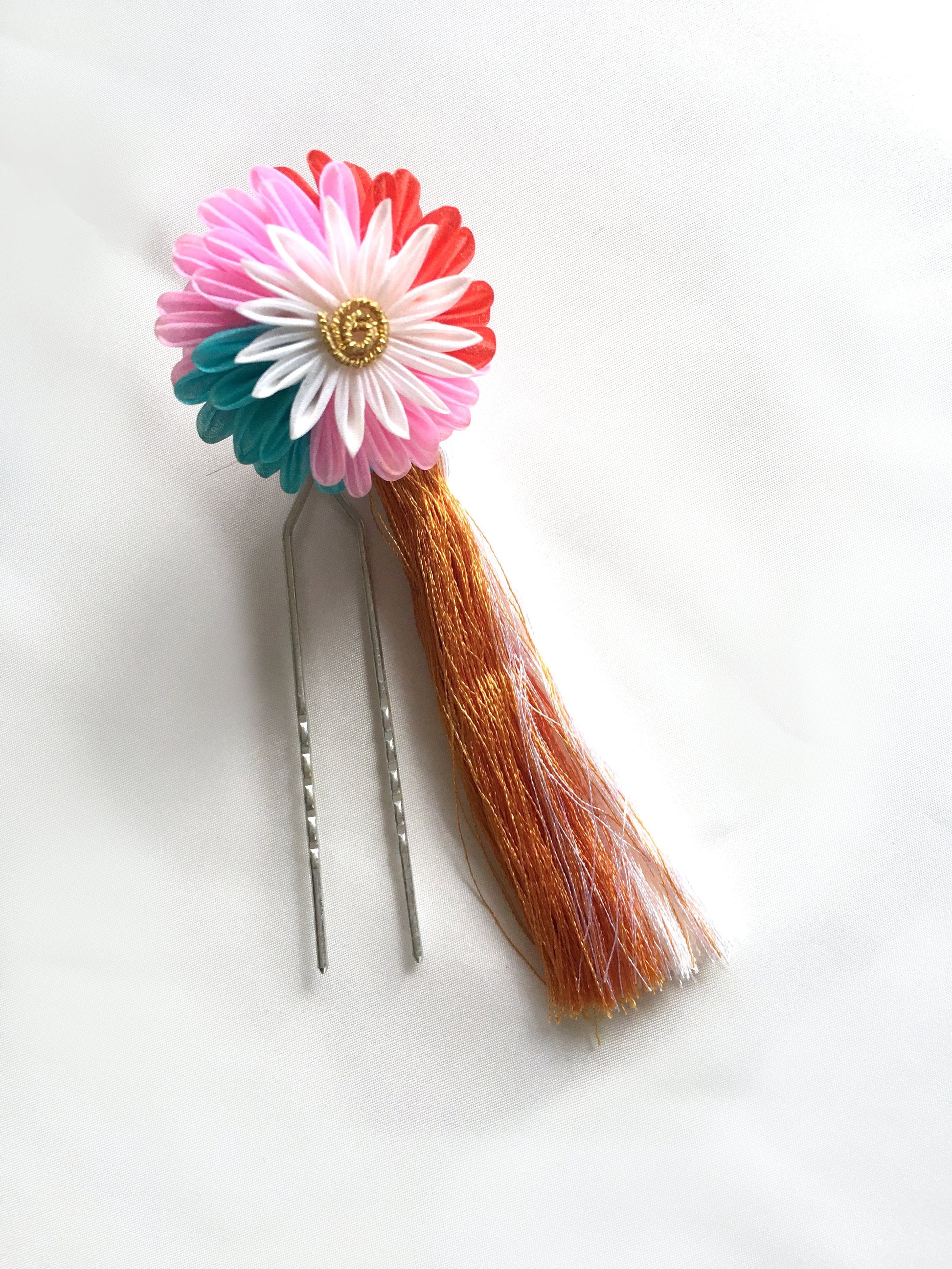Vintage Japanese hair accessory - colorful chrysanthemum flower with a tassel