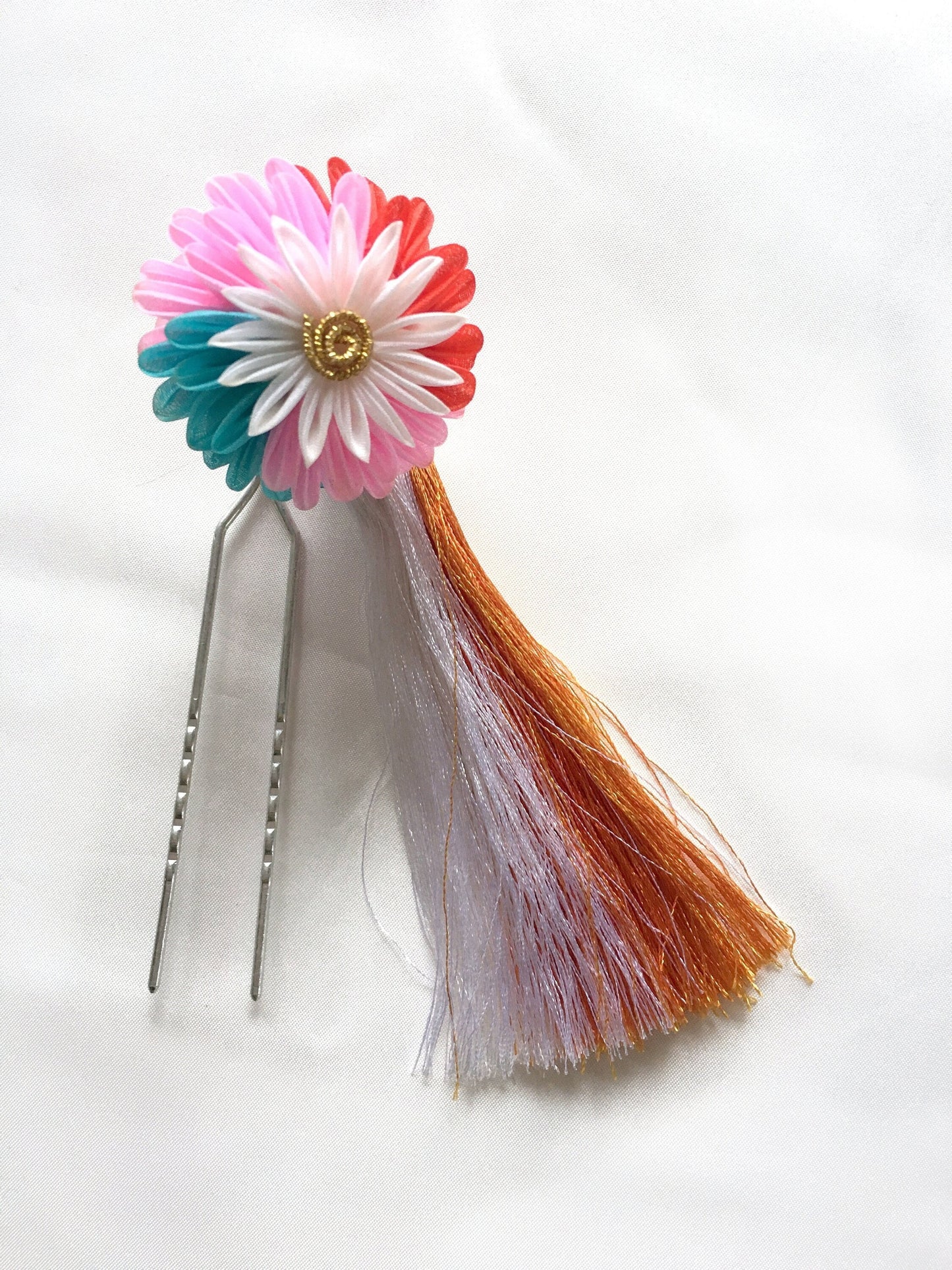 Vintage Japanese hair accessory - colorful chrysanthemum flower with a tassel
