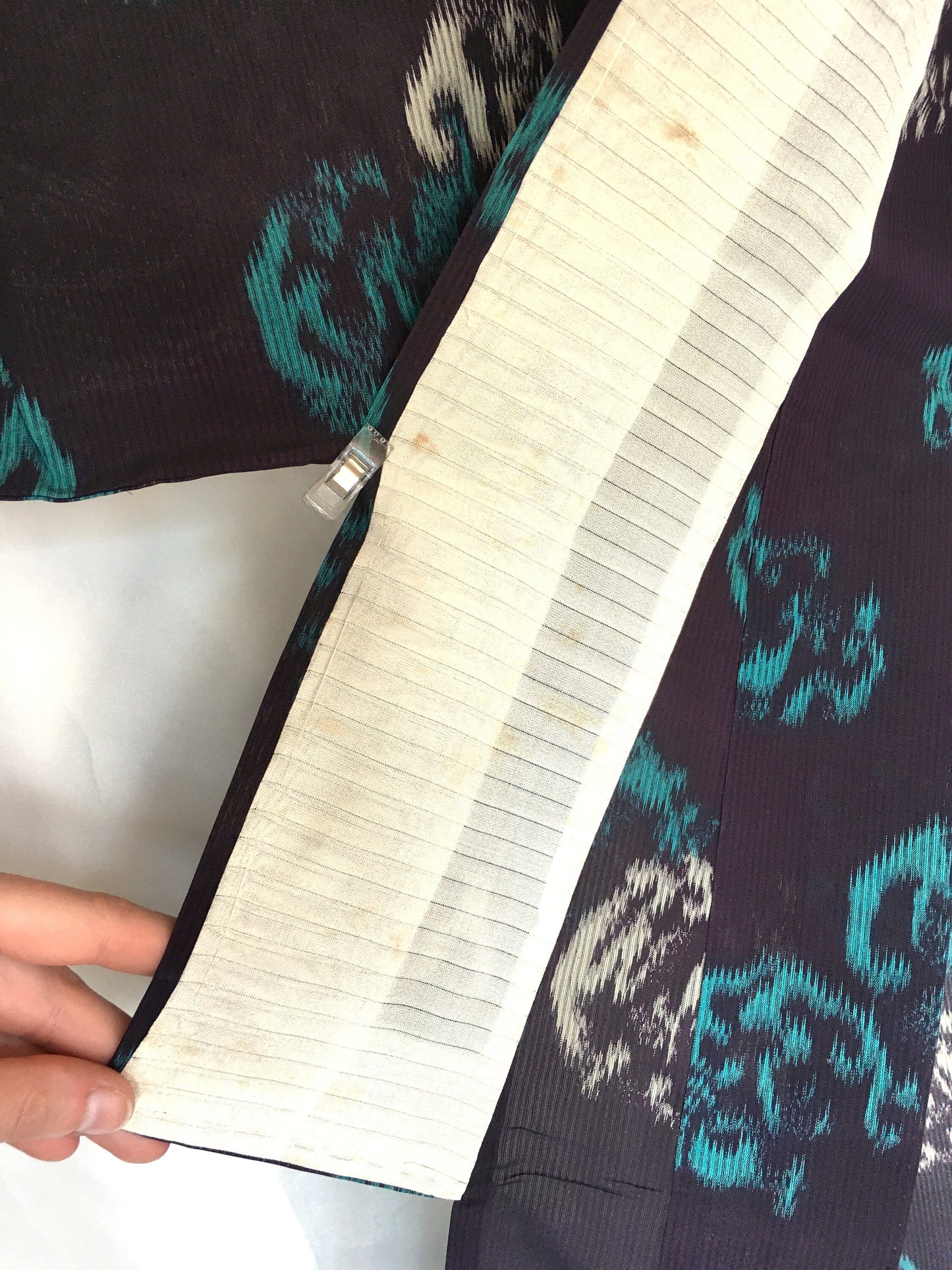 Vintage Japanese summer kimono - woven silk meisen - dark purple with white and turquoise circular waves pattern