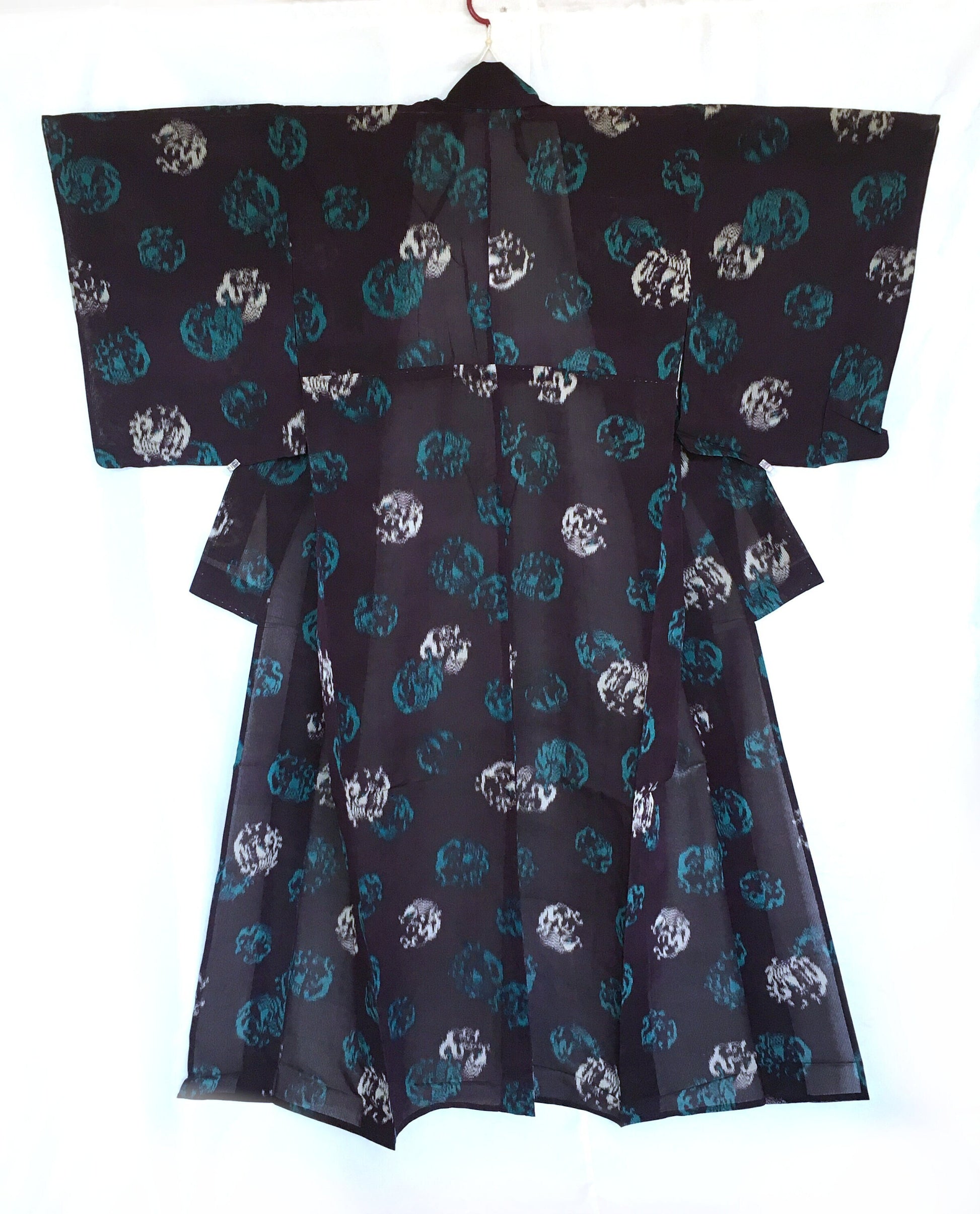 Vintage Japanese summer kimono - woven silk meisen - dark purple with white and turquoise circular waves pattern