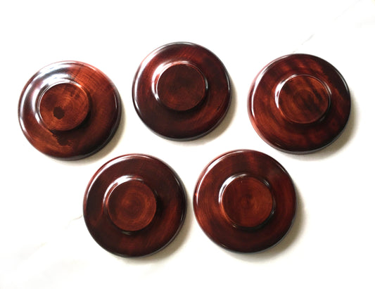 Small Japanese wooden plates - wooden with semi transparent red lacquer varnish (set of 5)