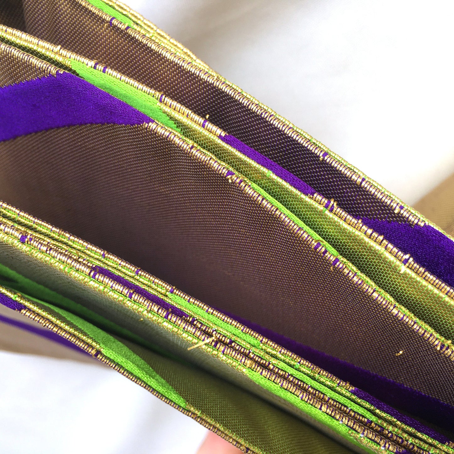Bold reversible Japanese hanhaba obi - golden, purple, and green basket weave - obi for dancing
