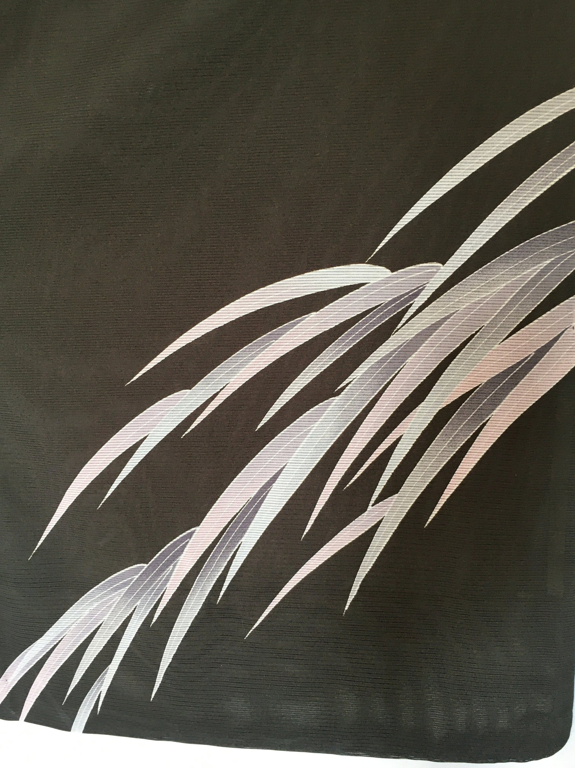 Authentic Japanese summer kimono - elegant gark grey tsukesage with pale grass blades and single family crest