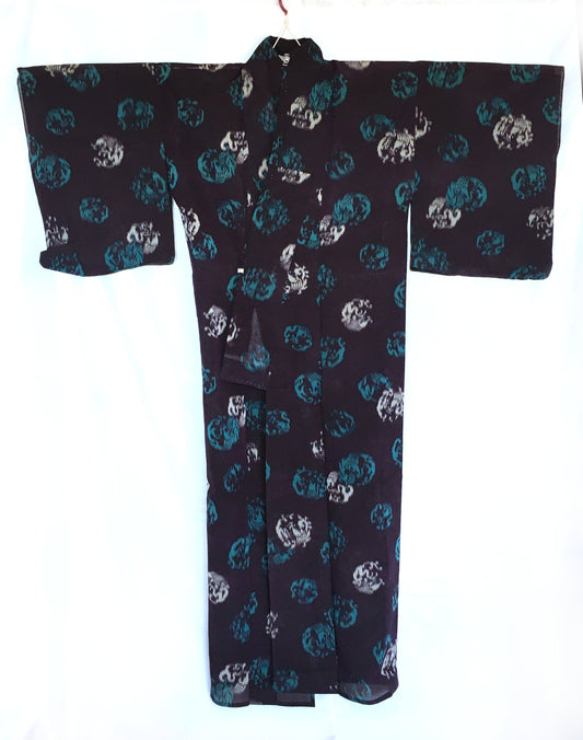 Vintage Japanese summer kimono - woven silk meisen - dark purple with white and turquoise circular waves pattern