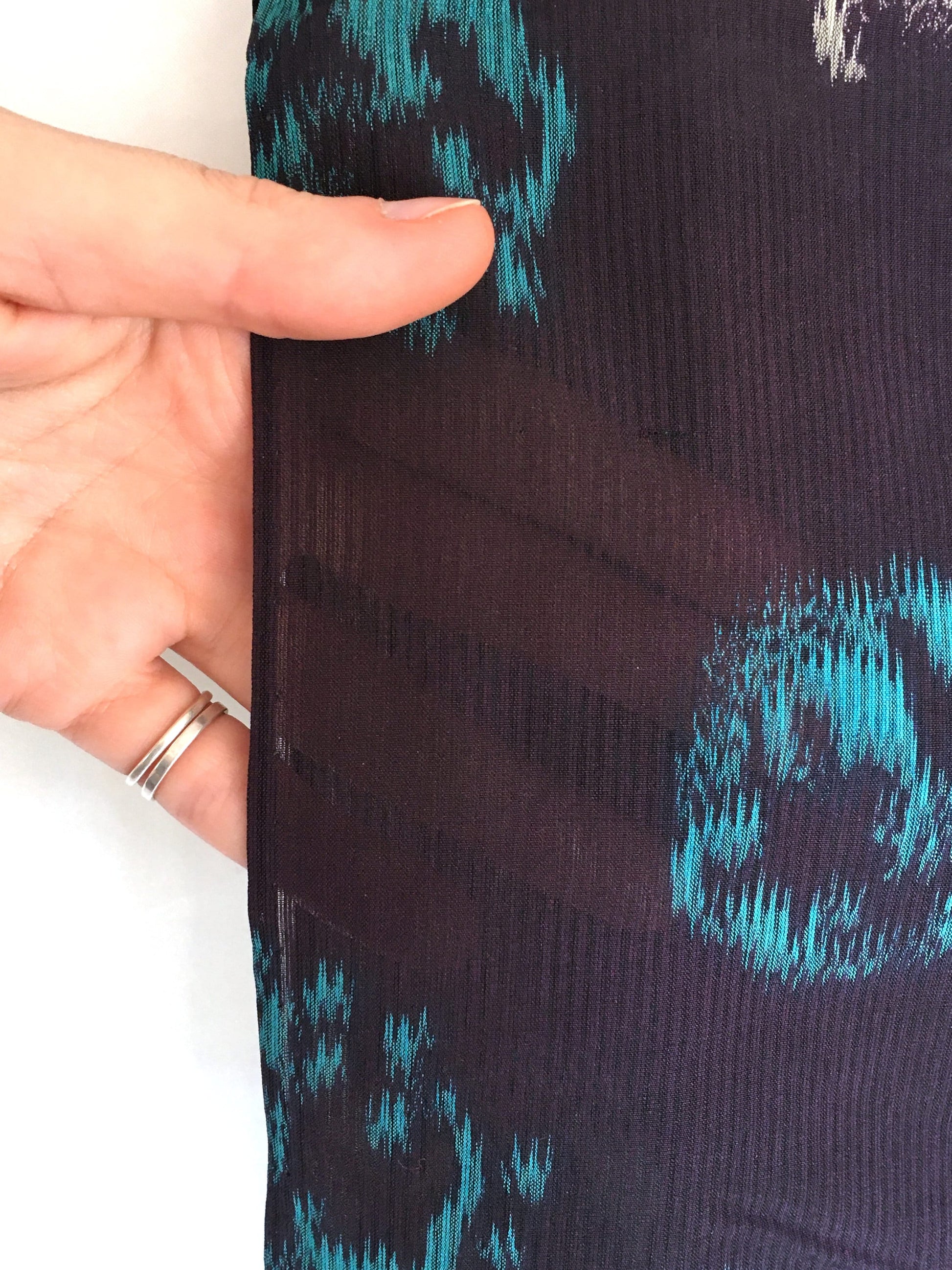 Vintage Japanese summer kimono - woven silk meisen - dark purple with white and turquoise circular waves pattern