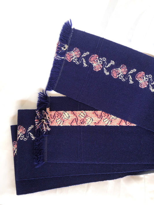 Unique Japanese hanhaba obi - dark blue wool with woven pink kotsuzumi drums pattern