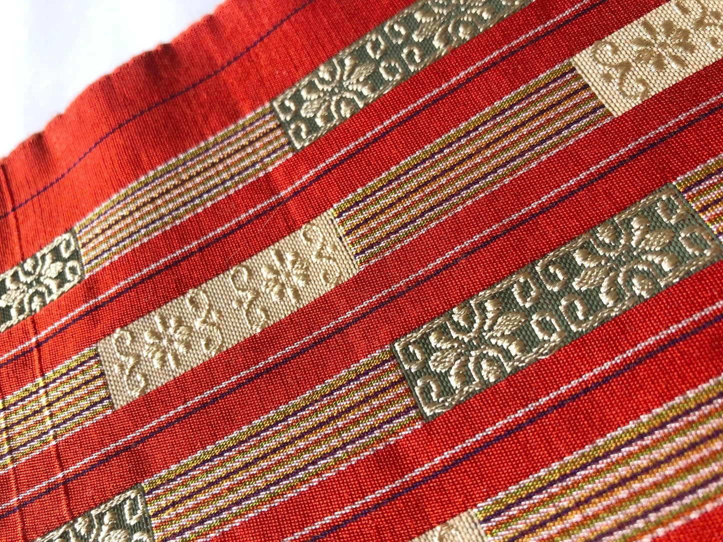 Elegant Japanese hanhaba obi - orange red with floral tiles and thin rainbow stripes