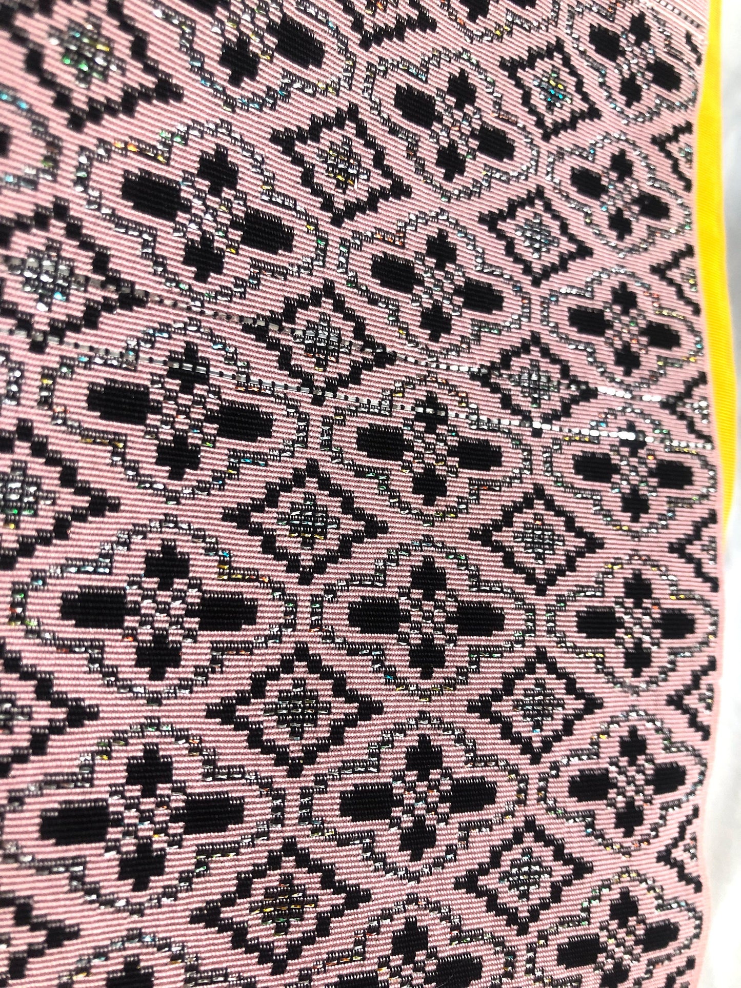 Vintage reversible Japanese hanhaba obi - light pink and yellow with black and metallic geometric pattern