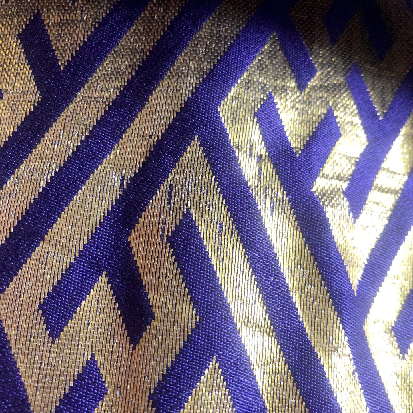 Festive Japanese hanhaba obi - purple and golden geometric sun pattern - obi for dancing