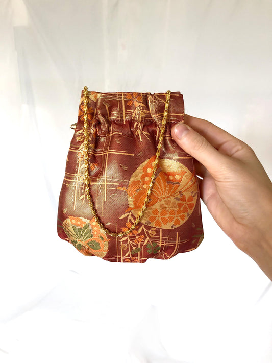 Vintage kimono handbag - copper and gold clasp pouch with butterfly motif