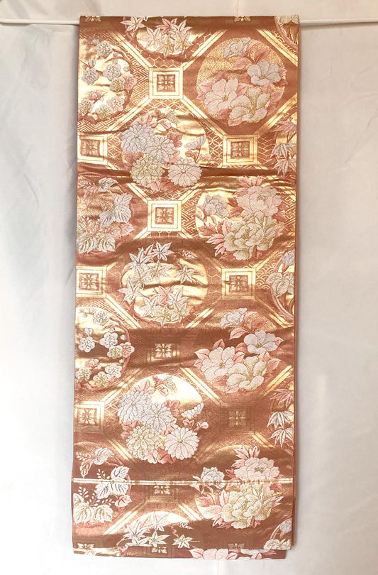 Vintage fukuro obi - salmon pink and golden with flowers of all seasons