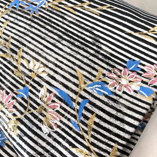 Funky Nagoya obi - black with silver stripes and pink and blue flowers