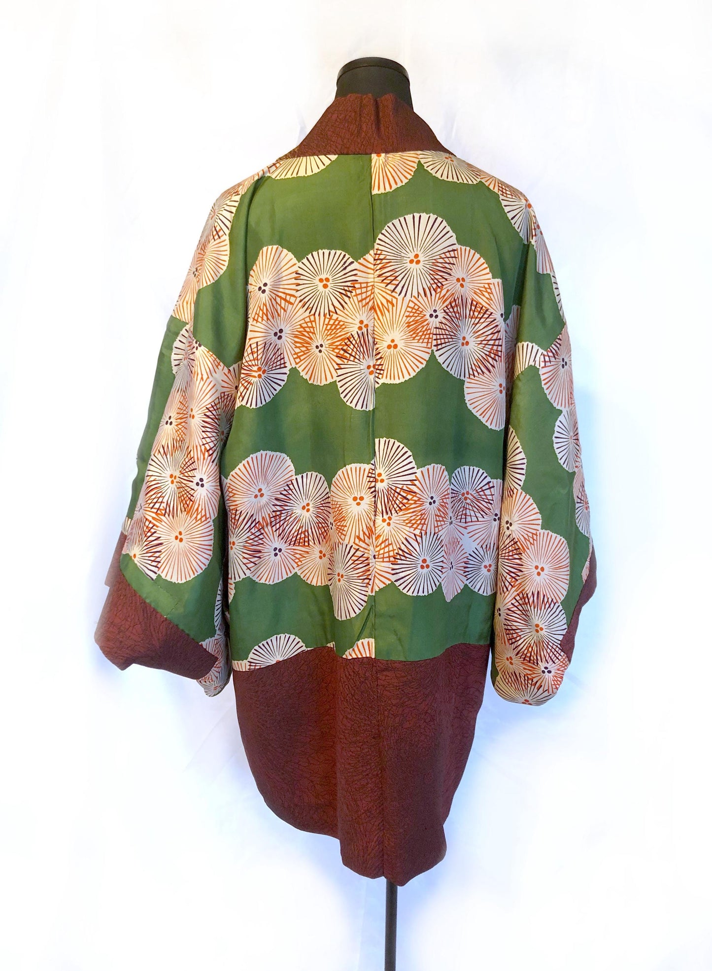 Vintage Japanese kimono coat - dark brick red with golden chrysanthemum flowers