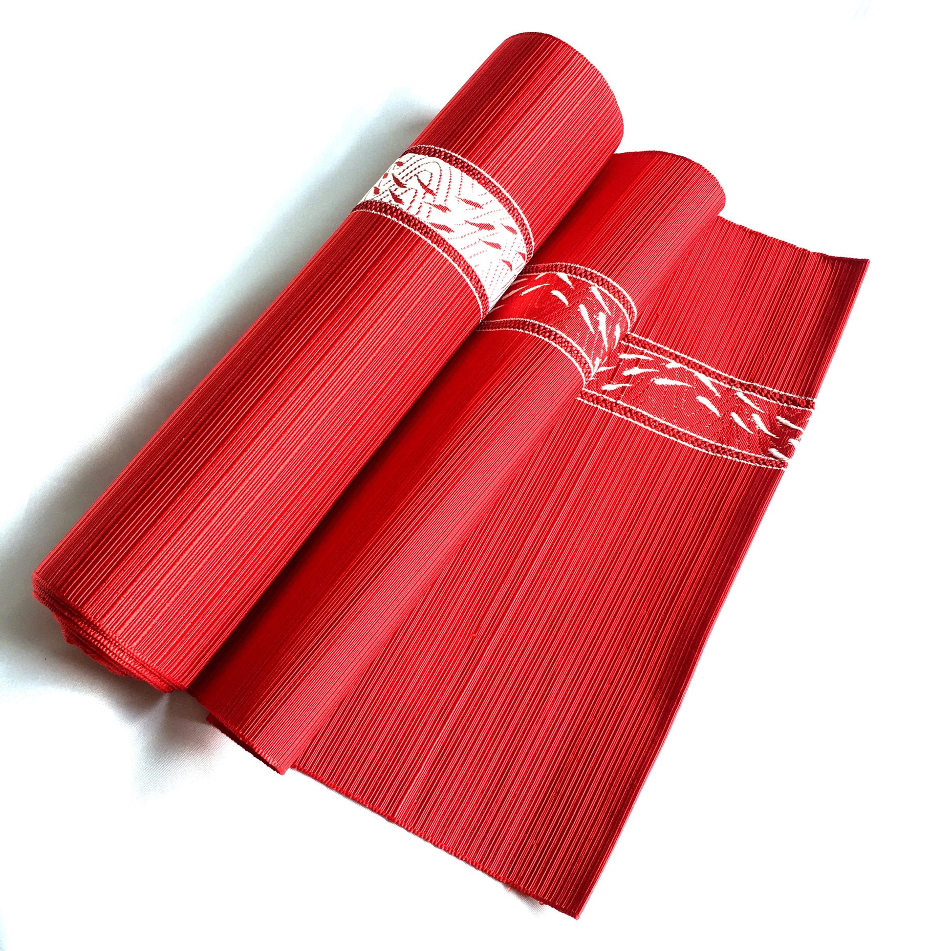 Vintage tanmono - obi sash fabric bolt - red with openwork and goldfish pattern