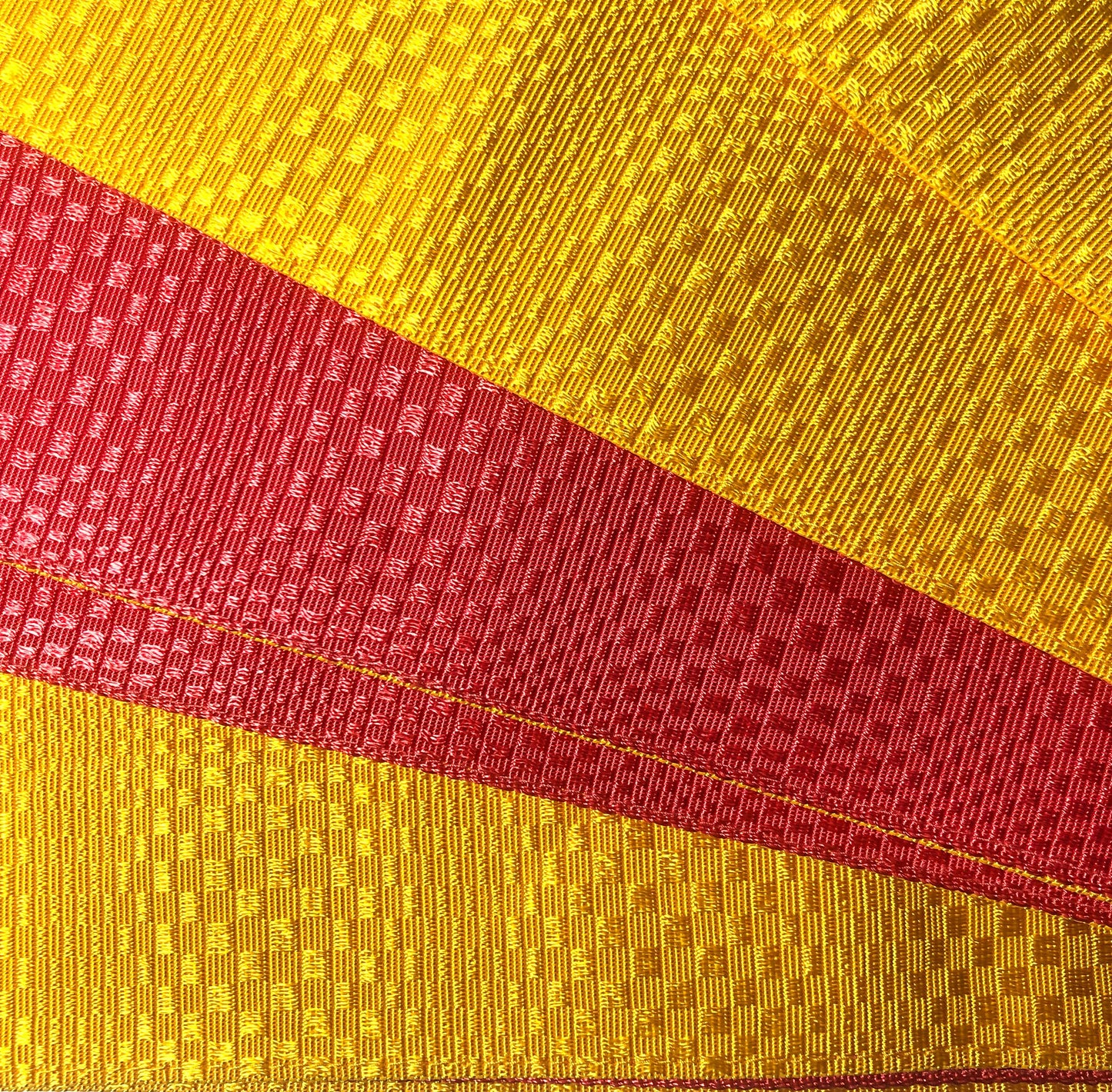 Reversible Japanese hanhaba obi - yellow and pink with subtle geometric pattern
