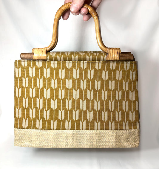 Casual cotton handbag with yagasuri pattern and bamboo handles