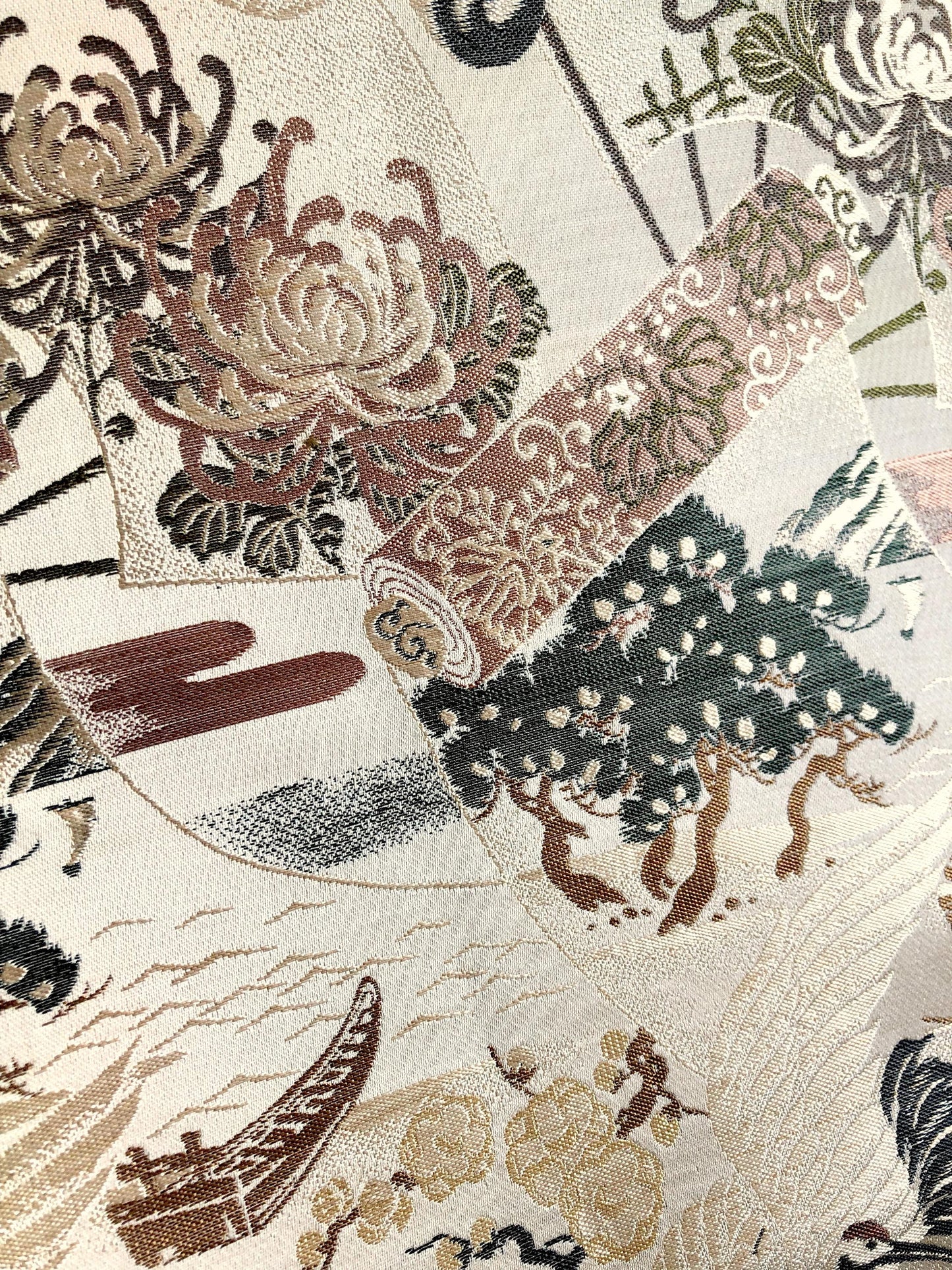Thin jacquard vintage maru obi - flying cranes, fans, and scrolls in dusty shades