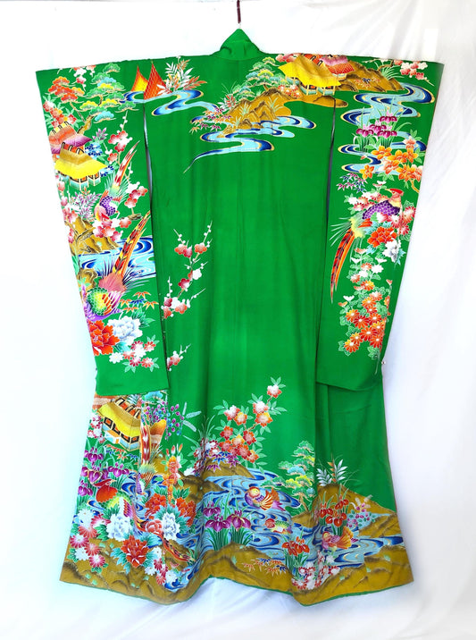 Colorful uchikake - Japanese wedding cover / hikizuri - stage costume - highlighter green with rainbow birds and flowers