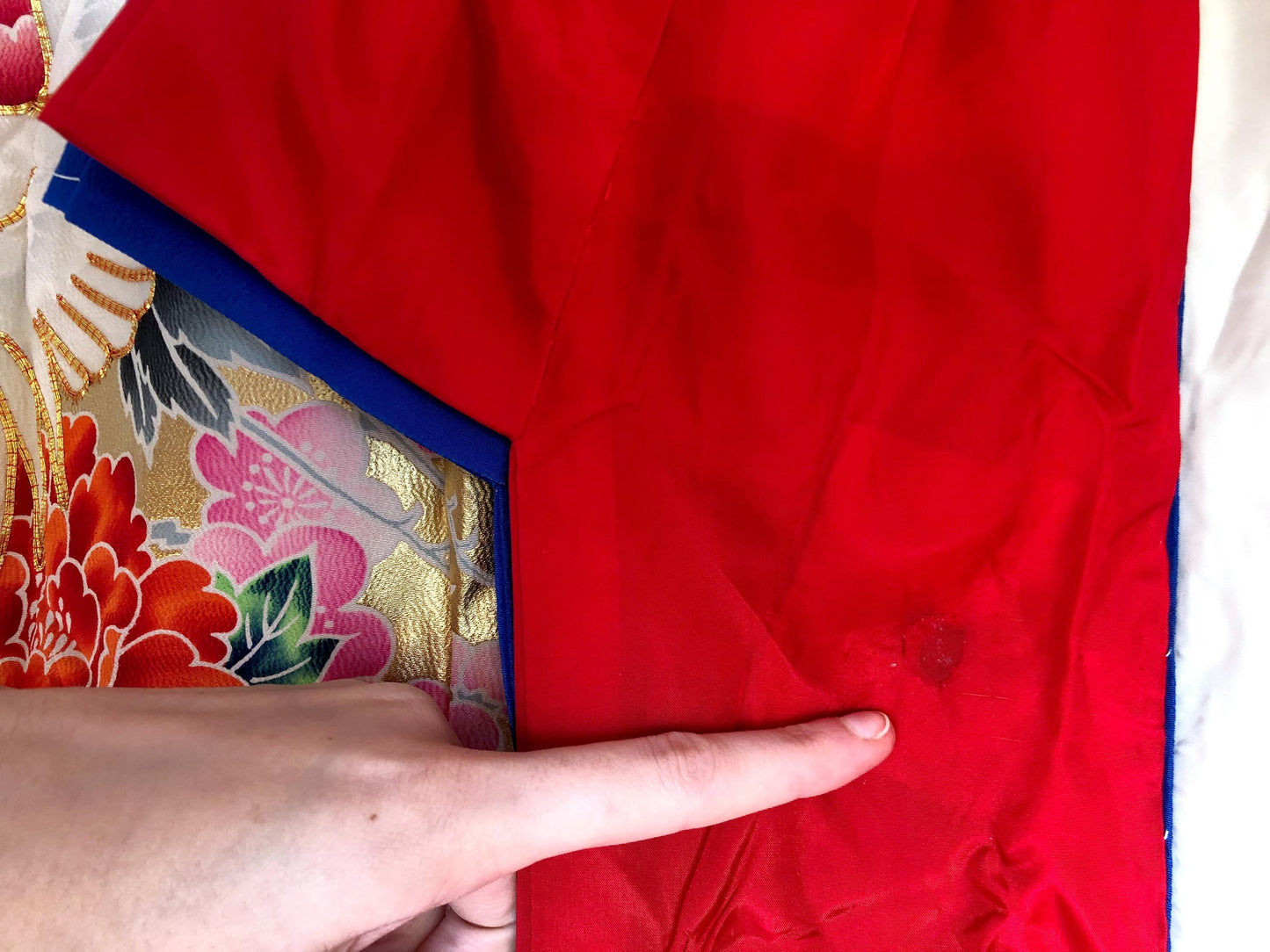 Colorful uchikake - Japanese wedding cover / hikizuri - stage costume - vivid blue with white cranes among flowers