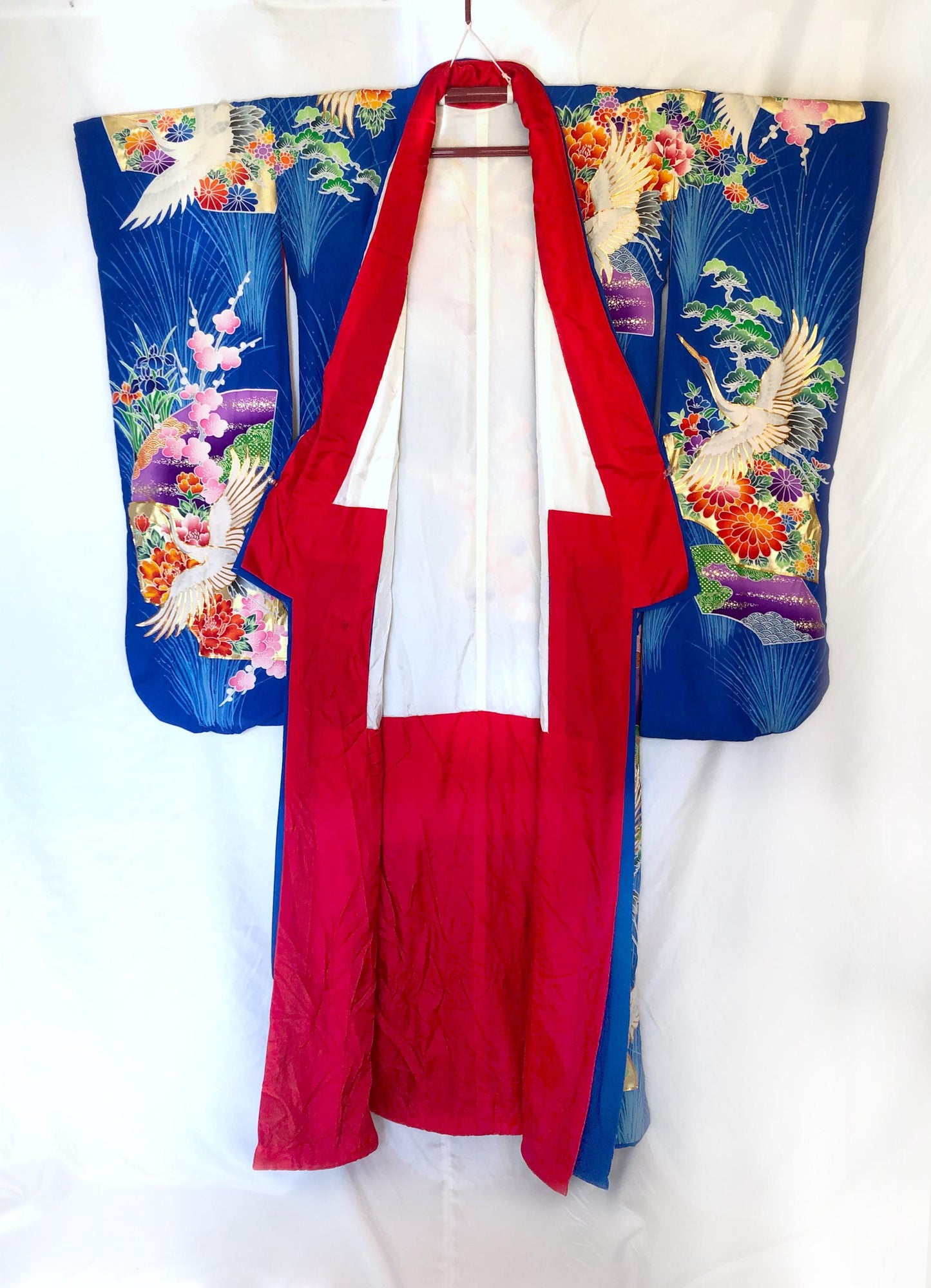 Colorful uchikake - Japanese wedding cover / hikizuri - stage costume - vivid blue with white cranes among flowers