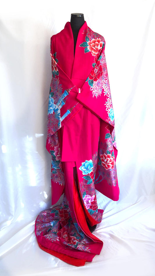 Colorful uchikake - Japanese wedding cover / hikizuri - stage costume - vivid pink with castles and roses