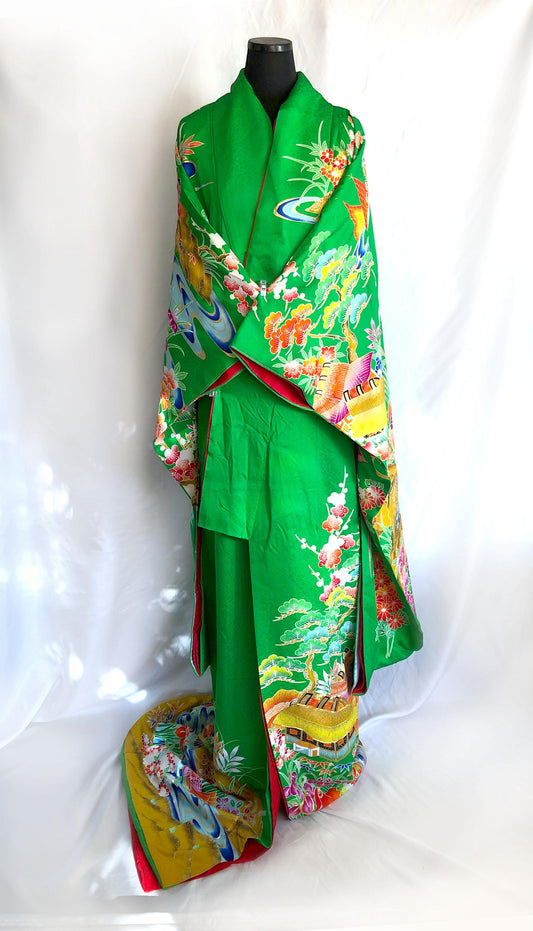 Colorful uchikake - Japanese wedding cover / hikizuri - stage costume - highlighter green with rainbow birds and flowers