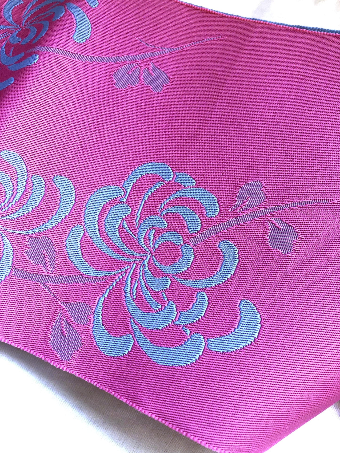 Cute Japanese hanhaba obi - baby blue and pink spider lily pattern