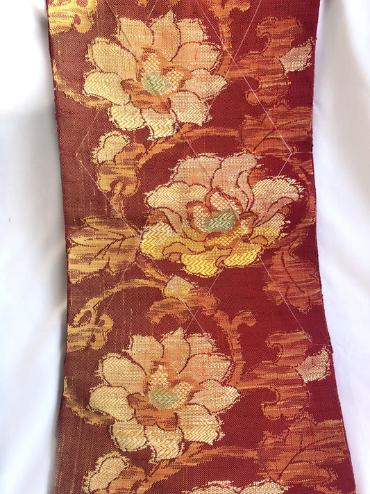Vintage Nagoya obi - unused - textured orange with floral motifs