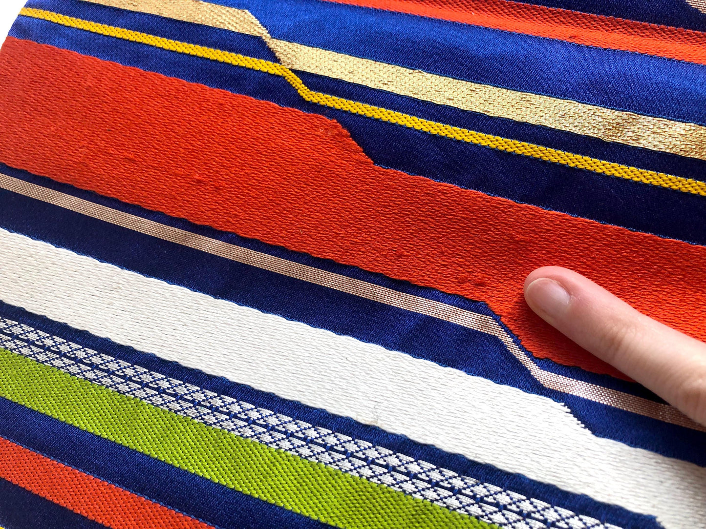 Fukuro obi - vivid blue with rainbow stripes and silver accents