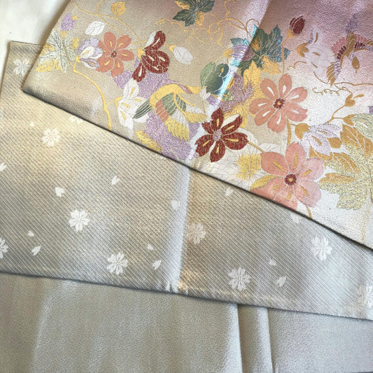 Festive fukuro obi - metallic silver with pastel flowers and birds