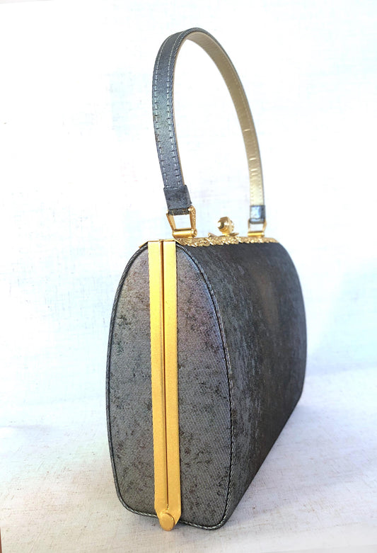 Vintage kimono handbag - metallic gray and copper