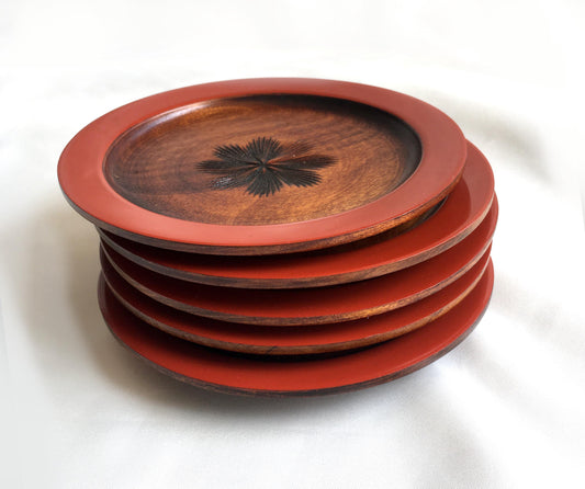 Small Japanese wooden plates - wooden with red rim (set of 5)