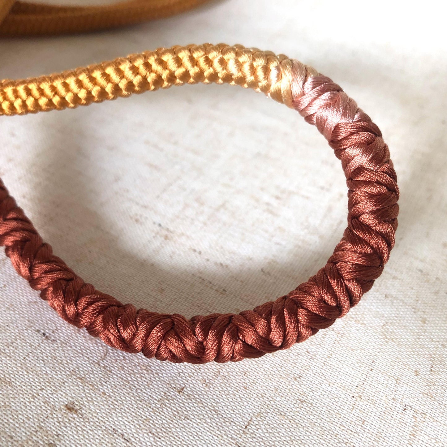 Cute silk obijime - thin belt with tassels - ocher yellow and brown with colorful tassels