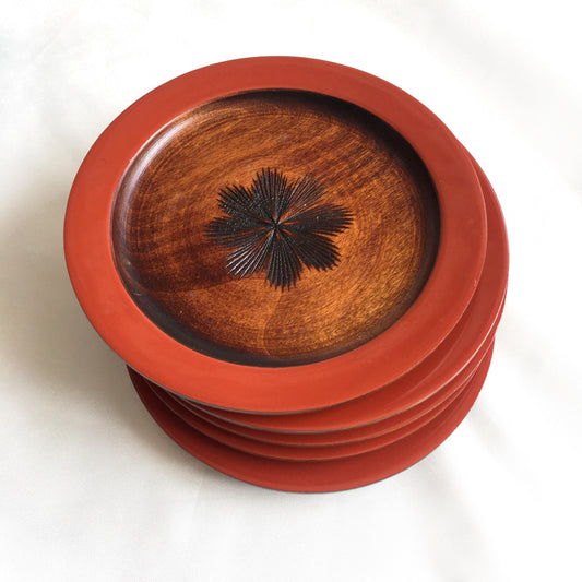 Small Japanese wooden plates - wooden with red rim (set of 5)
