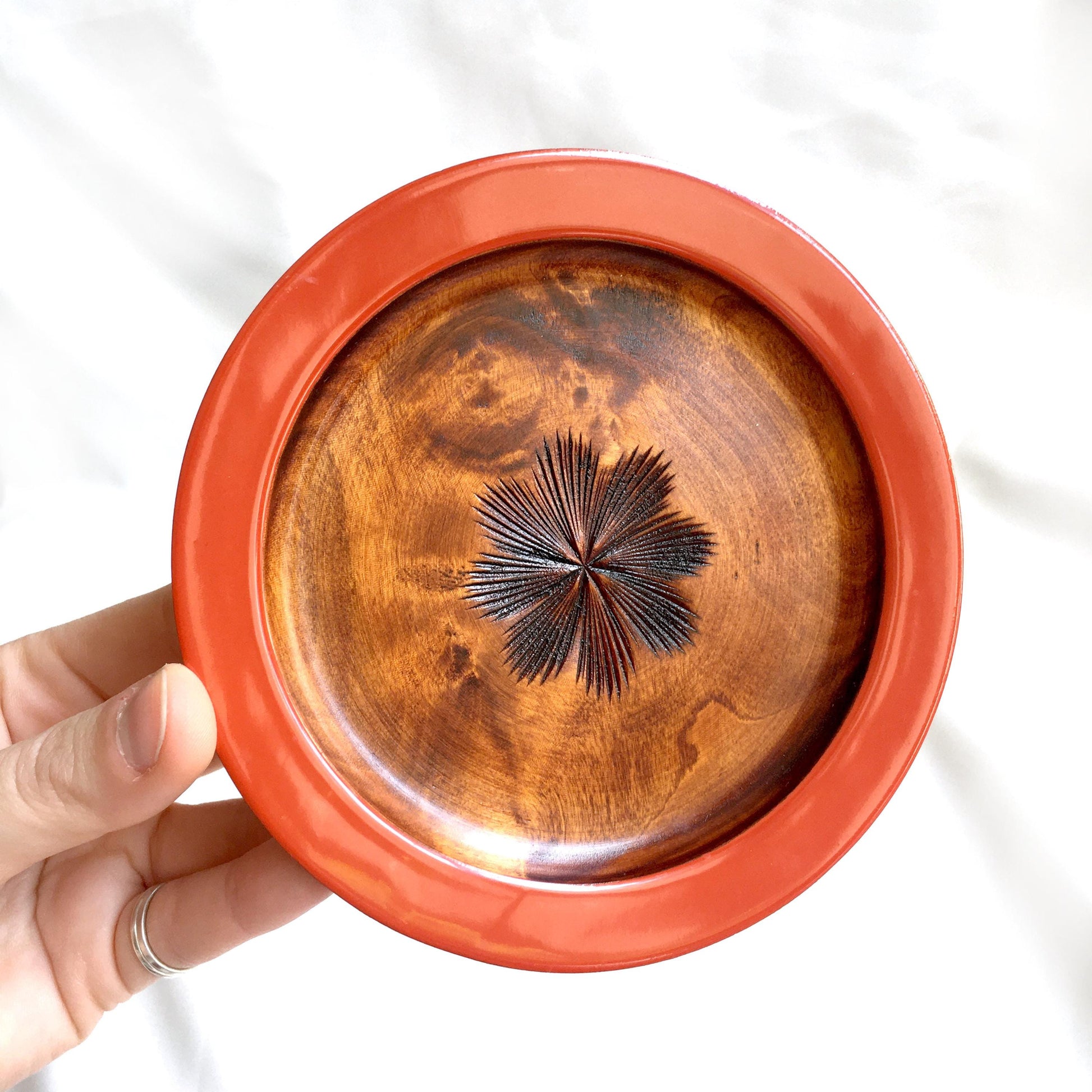 Small Japanese wooden plates - wooden with red rim (set of 5)