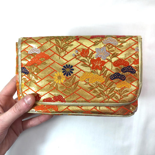 Small Japanese pouch bag - golden and orange with florals
